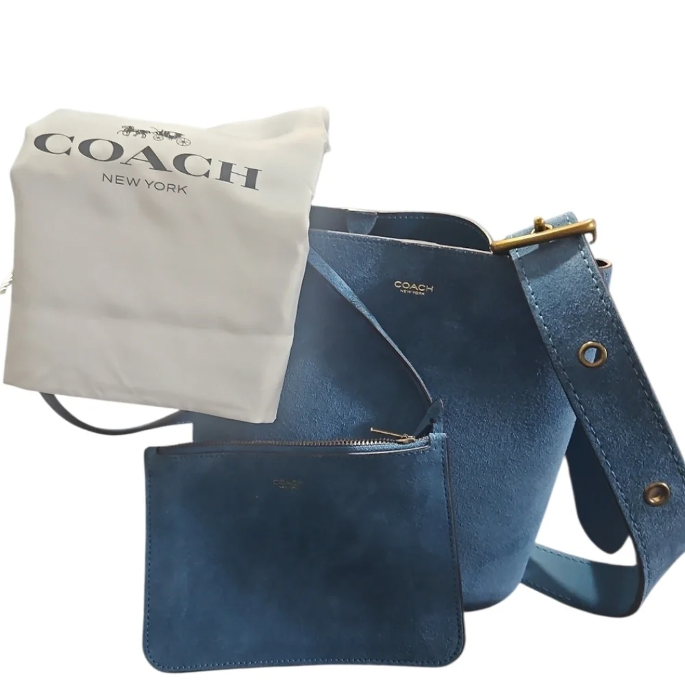 Coach Bleecker Bucket Bag 21 Sea Blue Suede Crossbody Purse Pouch
